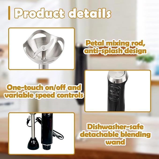 300W Hand Blender – Immersion Stick Mixer for Smoothies, Baby Food, Sauces, Drinks – Compact Handheld Kitchen Blender with Stainless Steel Shaft