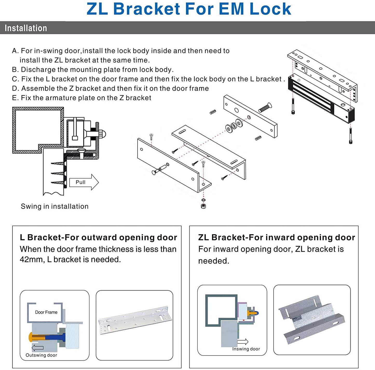 Electromagnetic Lock with Z and L Bracket 280KG 600LBS Holding Force Electric Magnetic Door Lock 12V Fail Safe NC Mode for Access Control System