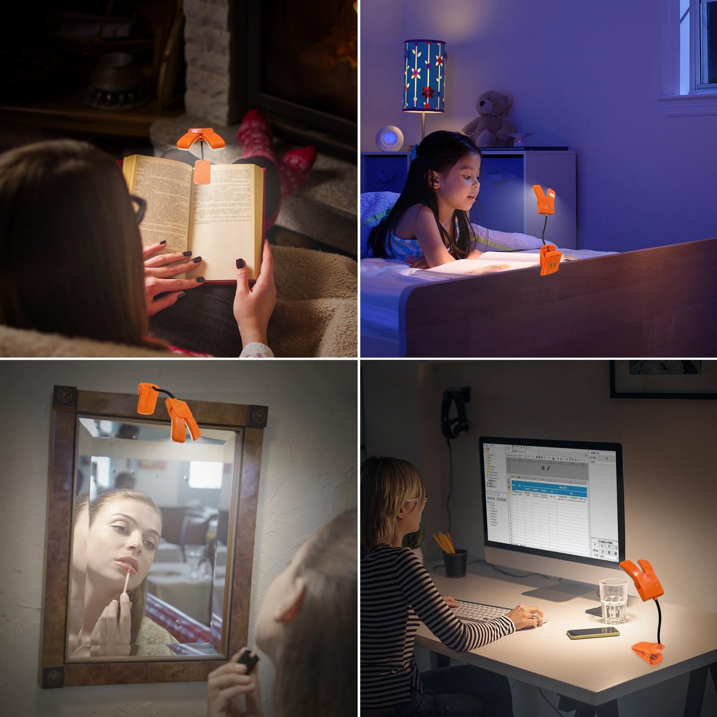 Bigmonat Battery Operated Clip On Light  Dimmable Brightness Eye Care Book Reading Light  360Flexible Gooseneck Night Lighting For Home Office  Reading Study (Orange  2Pack)
