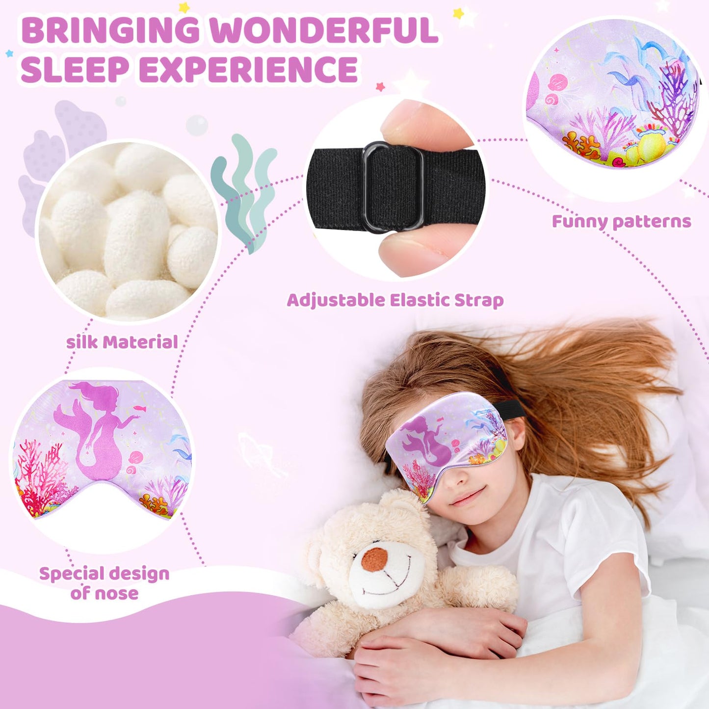 2 Pcs Sleep Mask for Kids Girls, Silk Eye Covers for Sleeping, Adjustable Strap & Light Blocking Design, Children's Bedtime Blindfold for Travel and Home Use (Mermaid)