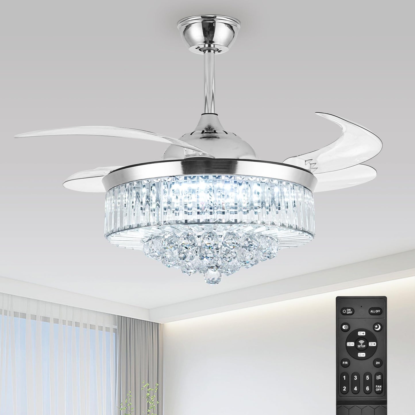 Bavnnro Fandelier Ceiling Fan with Light, 36in Silver Retractable Crystal Chandelier, Remote Control, Reversible