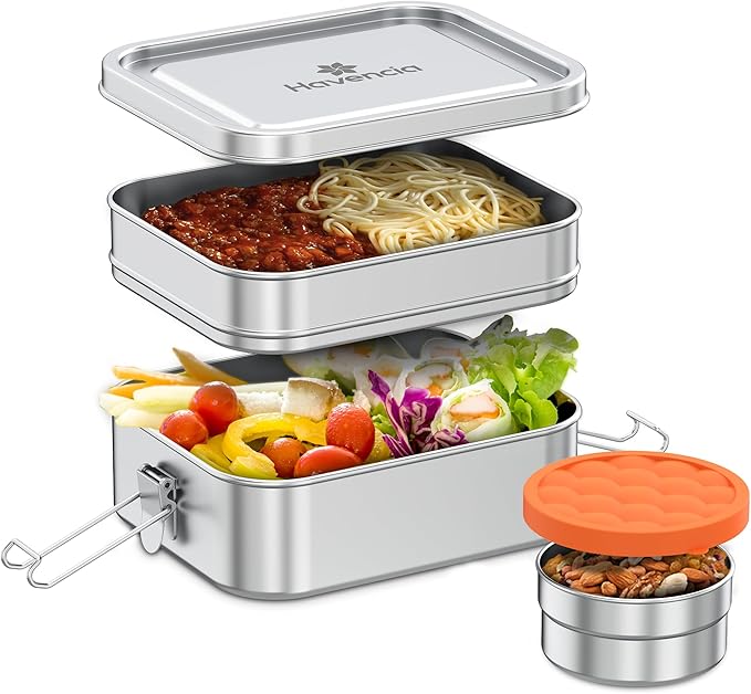 Stackable Stainless Steel Bento Box With Snack Container, 47oz/1400ml, Lunch Box for Kids & Adults, Bento Lunch Box With Compartments, Eco-Friendly Metal Container for School, Work, & Travel