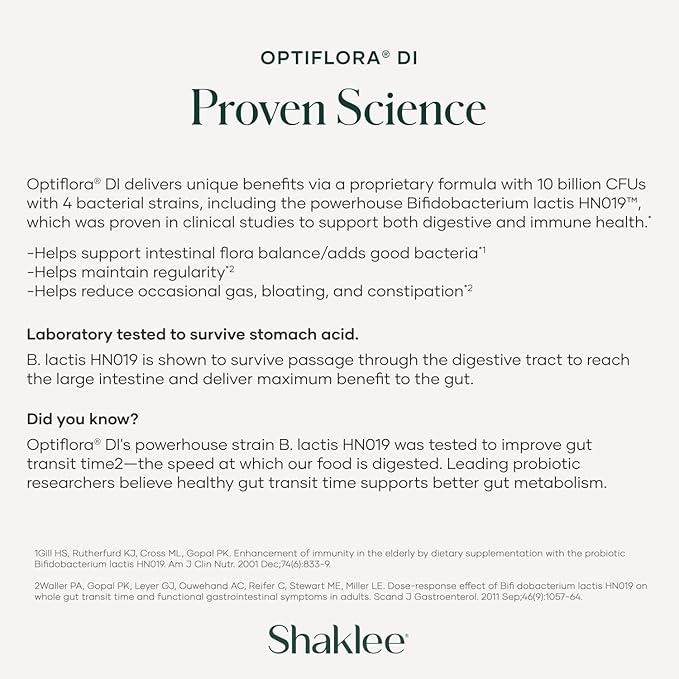 Shaklee - Optiflora® DI Probiotic -10 Billion CFUs - 4 Bacterial Strains - Bifidobacterium lactis HN019™ - Supports Intestinal Flora Balance & Regularity - Gluten, Soy & Dairy Free - 30 Capsules
