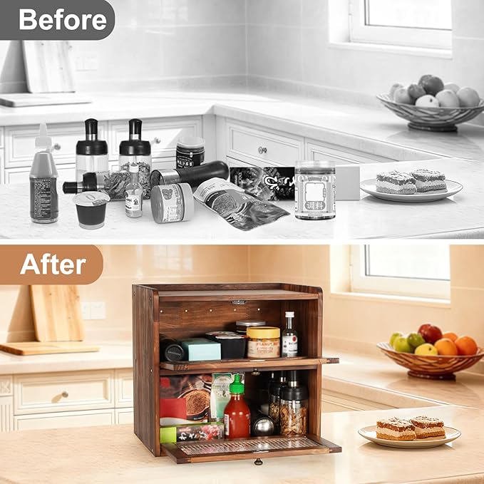 Ciilee Baby Bread Box for Kitchen Countertop Wooden Double Layer Storage Container Bread Bin Large Capacity Vintage Bread Keeper Farmhouse Breadbox Pantry Organizer Versatile Food Cabinet(Brown)