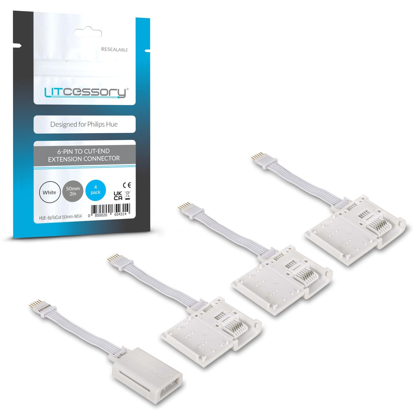 Litcessory 6-Pin To Cut-End Extension Connector For Philips Hue/Solo Lightstrip (2In  4 Pack  White - Micro 6-Pin V4 / Solo Lightstrip)