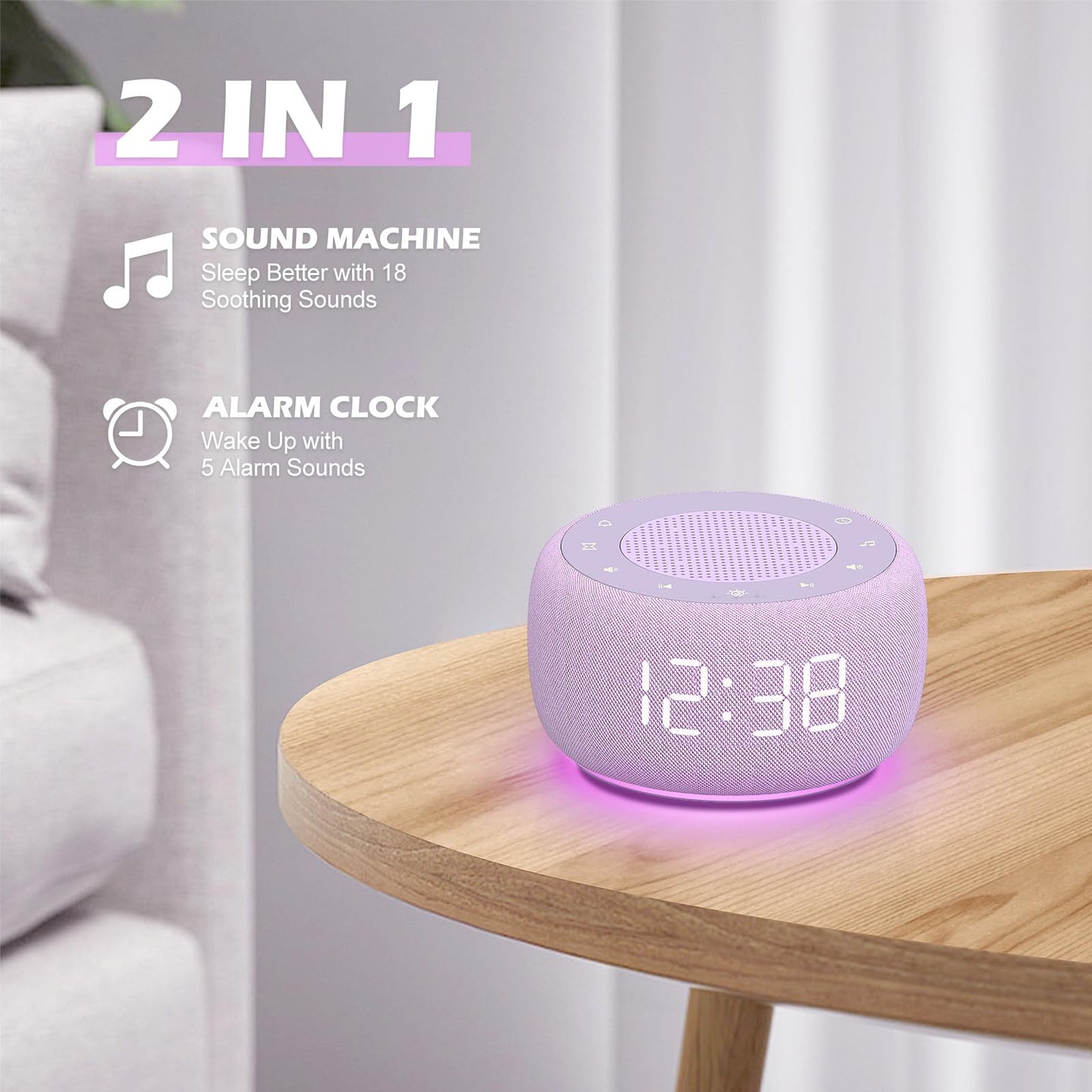 Buffbee Sound Machine & Alarm Clock 2-in-1, 0-100% Clock Face Brightness, Bottom Colored Light, Sleep Timer, Precise 30-Level Volume White Noise Machine, Digital Alarm Clocks for Bedrooms - Purple