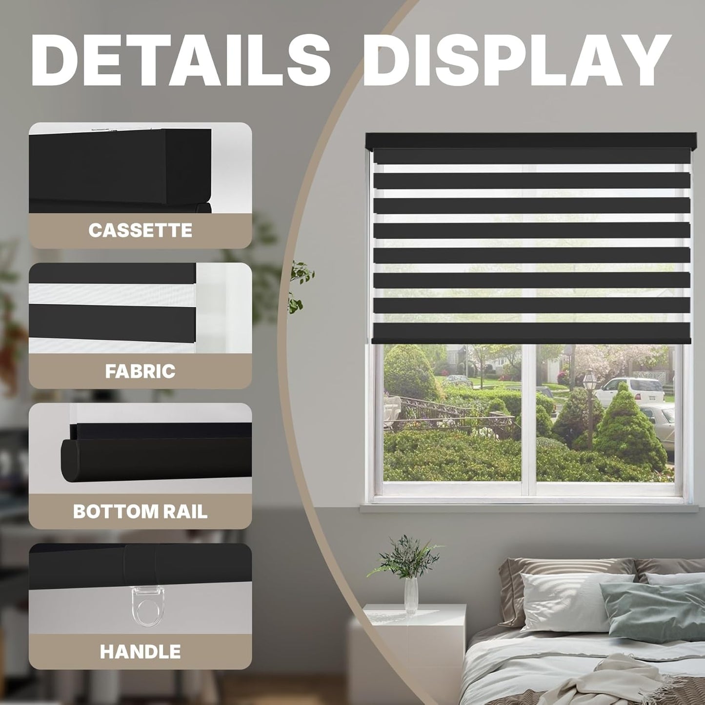 HESTIA Cordless Zebra Blinds Light Filtering Roller Shades UV Blocking Blackout Privacy Indoor Window Shades for Home Office Day and Night, Black,25" W x 54" H