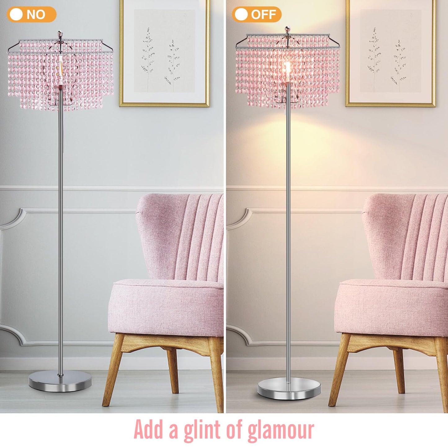 Luvkczc Pink Crystal Floor Lamp, 64 Tall Metal Standing Lamp With Double-Layer Lampshade, On/Off Foot Switch For Living Room And Office