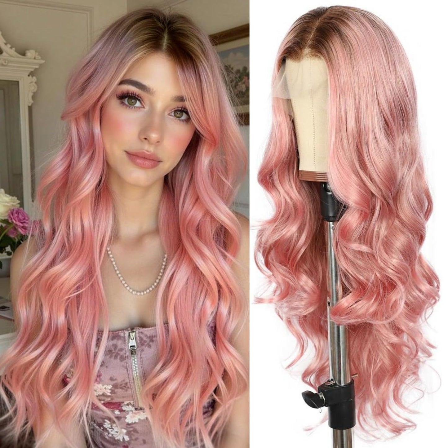 SAPPHIREWIGS Pink Lace Front Wigs 13x4 Synthetic Lace Front Wigs Long Body Wave Ombre Honey Pink Heat Resistant Fiber Hair Pre-P