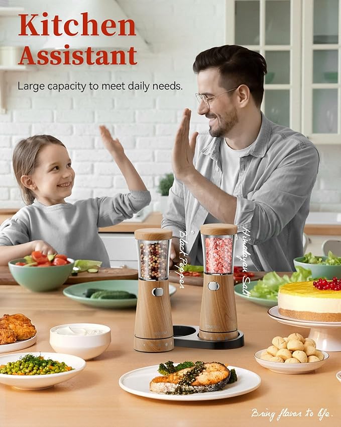 Electric Salt and Pepper Grinder Set with Storage Base, Stainless Steel Rechargeable Salt and Pepper Grinder Set with 4.5 oz Large Capacity, 1.8" Wide Mouth, Adjustable Coarseness, Ideal for Kitchen