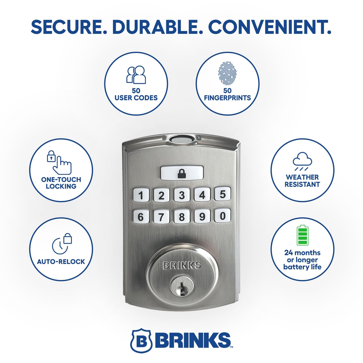 BRINKS Security Door Locks, High-Security Keyless Entry, Smart Electronic Door Lock with Deadbolt, Up to 50 Codes, Automatic Locking (Deadbolt, Satin Nickel)