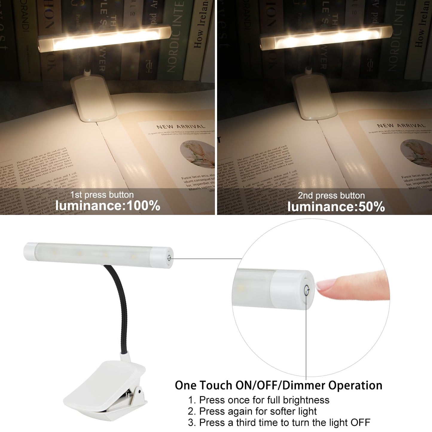 Bigmoant Battery Operated Book Light  Reading Light With Clip  Eye Care Book Light  2 Adjustable Brightness Set  Flexible Metal Neck  Perfect For Book Lovers (White  2 Pack)