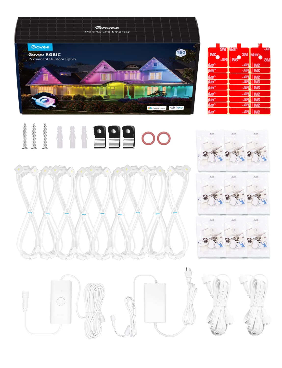 Govee Outdoor Smart Rgbic Lights, 150Ft White Led, Ip67 Waterproof, 75 Scene Modes, Model H705C