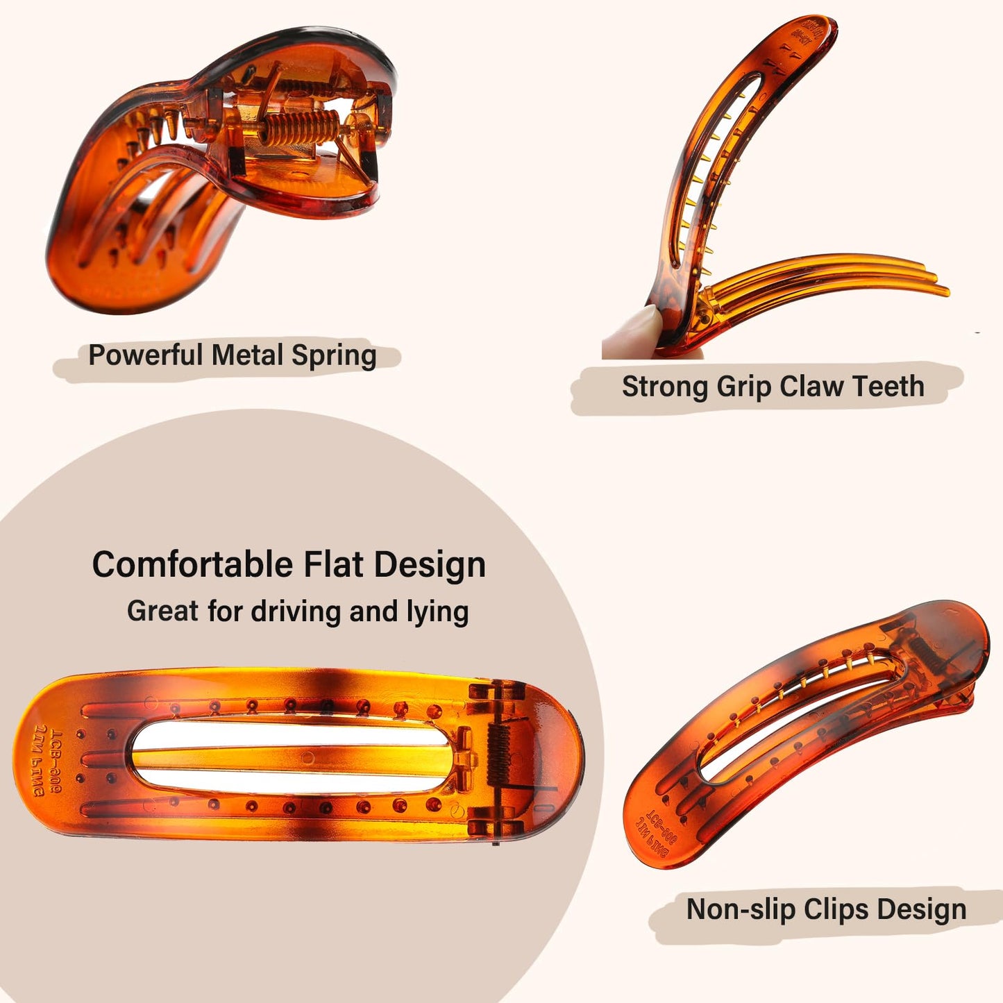 6 PCS Flat Claw Clips, Large Lay Flat Hair Clips for Women Girls, Strong Hold Non-slip Hair Claws for Thick Thin Hair (Tortoise