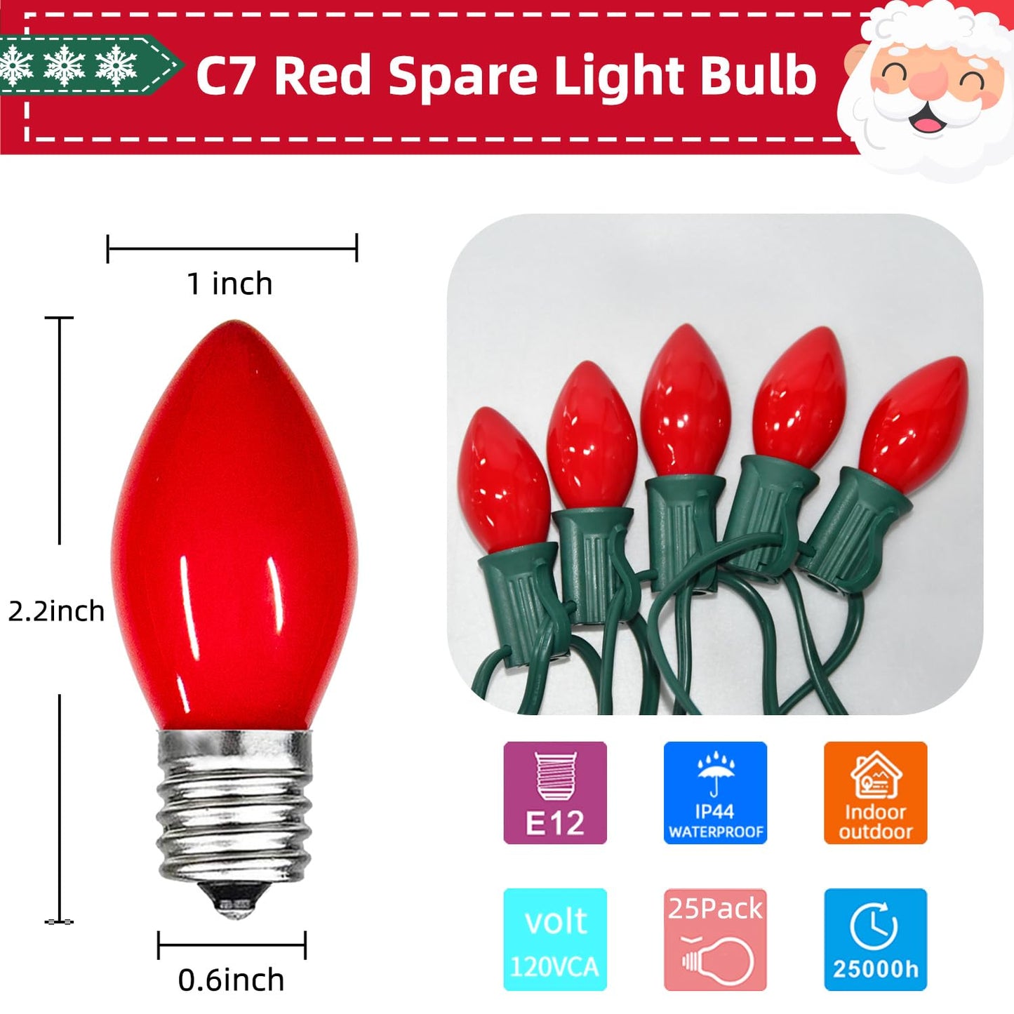 Pasuto Waterproof Ul Certified Red Replacement Bulbs Christmas Tree Light Bulbs For Indoor And Outdoor Decoration With 25 Pack  C7/E12 Base  5 Watt