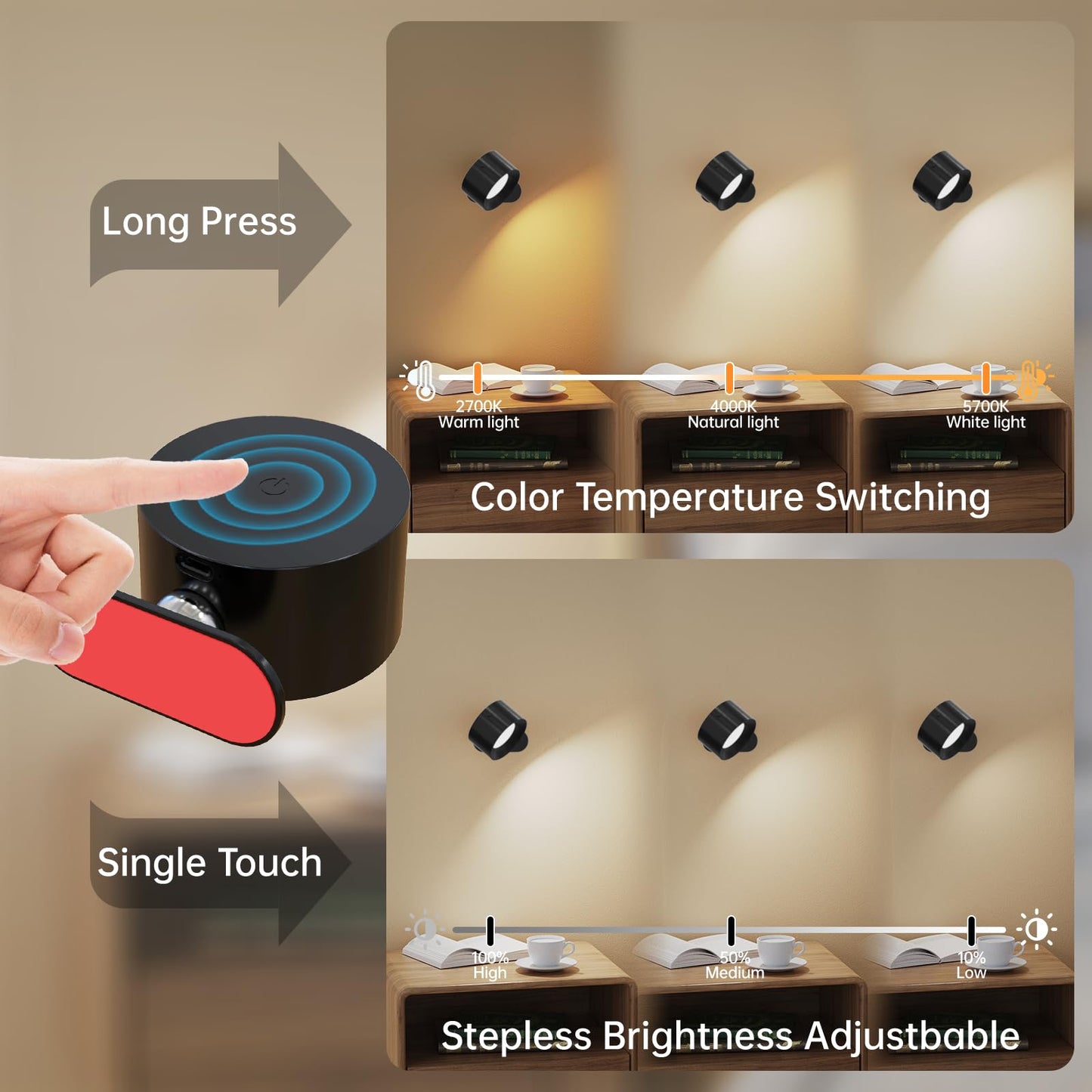 Aksda 3Pack Battery Operated Wall Sconce  3 Color Modes 3 Brightness Levels 360?Otation Lighting Timer Touch & Remote Control  Wall Mounted Lamp Led Wall Lights For Bedroom Reading Bedside (Black)