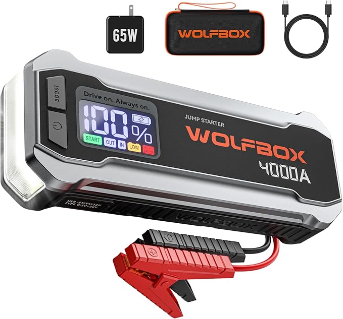 WOLFBOX 4000A Jump Starter,12V Car Battery Jumper Starter Portable with 65W Quick Charger,LED Display,88.8Wh Booster Jump ...