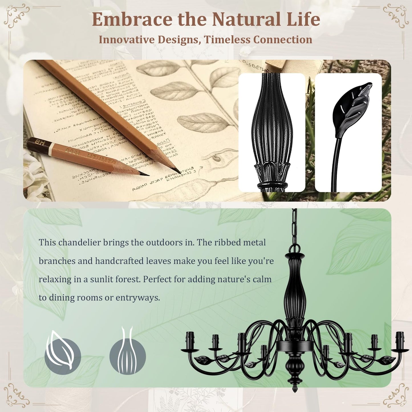 29 Large Black Chandelier For Dining Room  Modern Farmhouse 8-Light Light Fixture Hanging  Industrial Kitchen Lighting Fixtures With Leaf  Vintage Chandeliers Over Table For Bedroom Foyer Living Room
