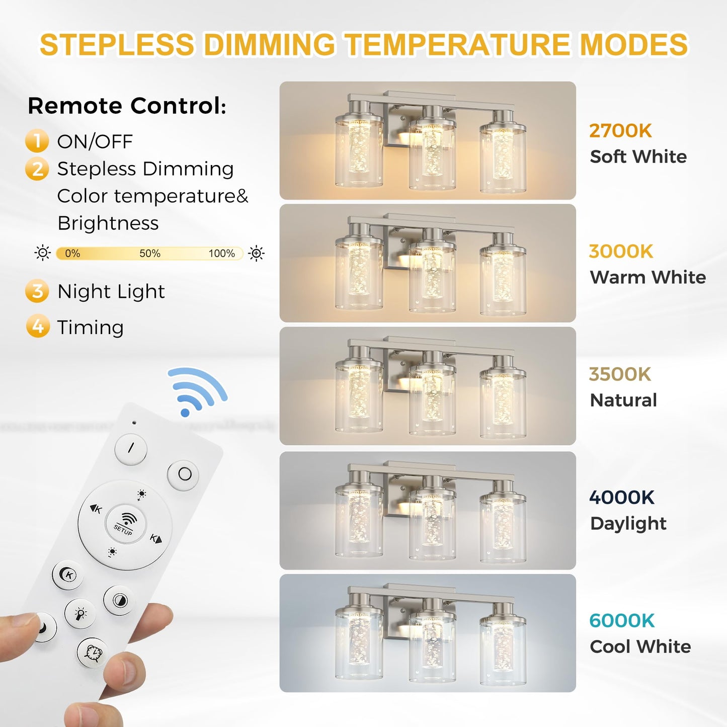 L LOHAS LED 3-Light Bathroom Light Fixtures, Dimmable Crystal Vanity Lights with Clear Glass Shade, Nickel Finish