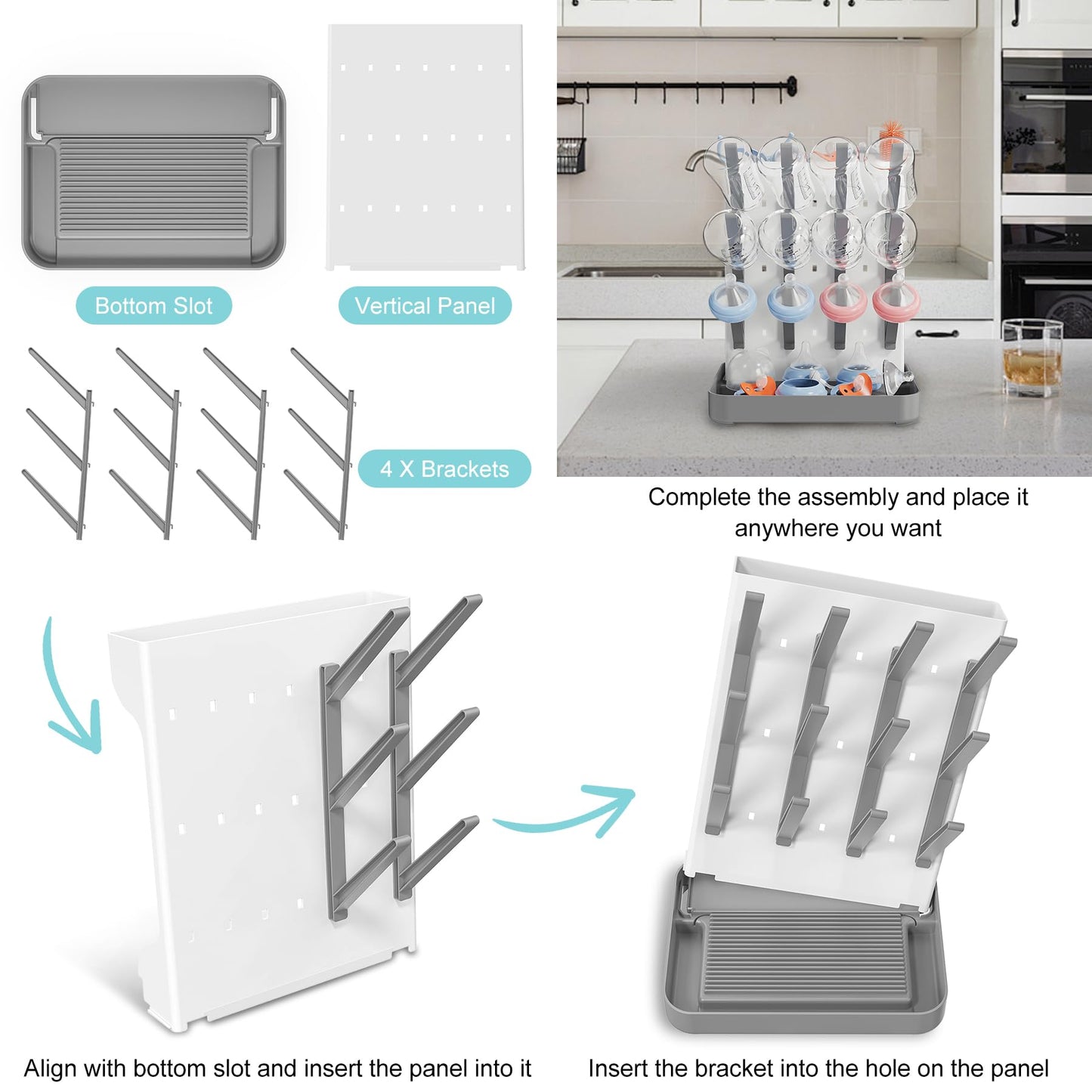 Baby Bottle Drying Rack, Vertical Bottle Dryer Holder Space Saving Standing Bottle Drying Rack for Countertop Kitchen Organize Bottles & Baby Accessories Brushes Pacifiers and Pump Part (Grey)