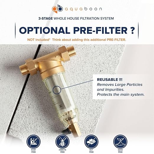 Aquaboon 3-Stage Whole House Water Filter System w/ 5 Micron Water Filter 20" x 4.5" |Sediment & KDF & CTO Carbon Water Filter| White Coated Bracket, Wrench & Pressure Gauge & Release Button (1" Port)