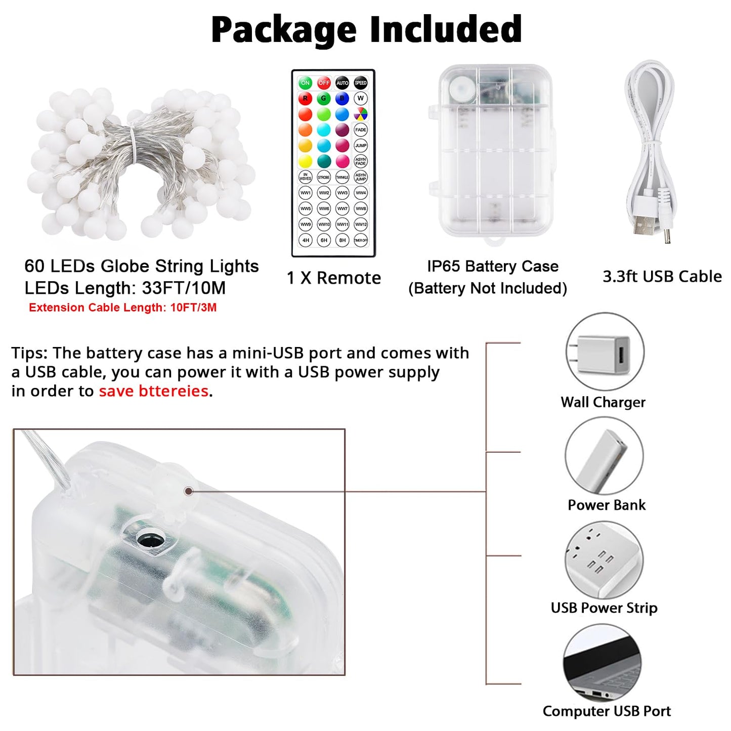 OMIKA Globe String Lights, 60 LED, 33 FT, Battery & USB Powered, 18 Colors + Warm White, Plastic, Model BG-QCTB-BO-14