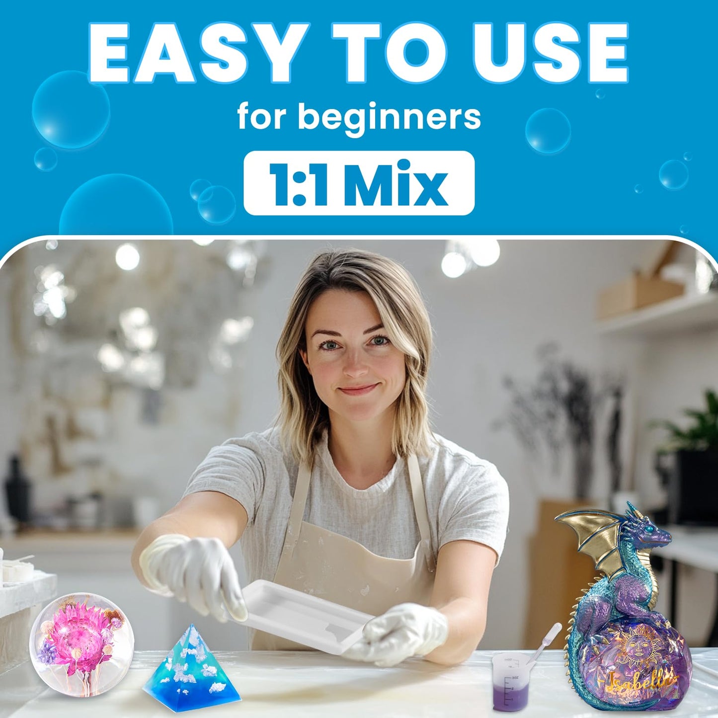 LET'S RESIN 2 Part Resin and Hardener 34oz, Bubble Free & Crystal Clear Epoxy Resin for Beginners, Low Odor, Anti-Yellowing Casting Resin for Craft, Casting Molds, Jewelry, Art, Easy to Mix 1:1 Ratio