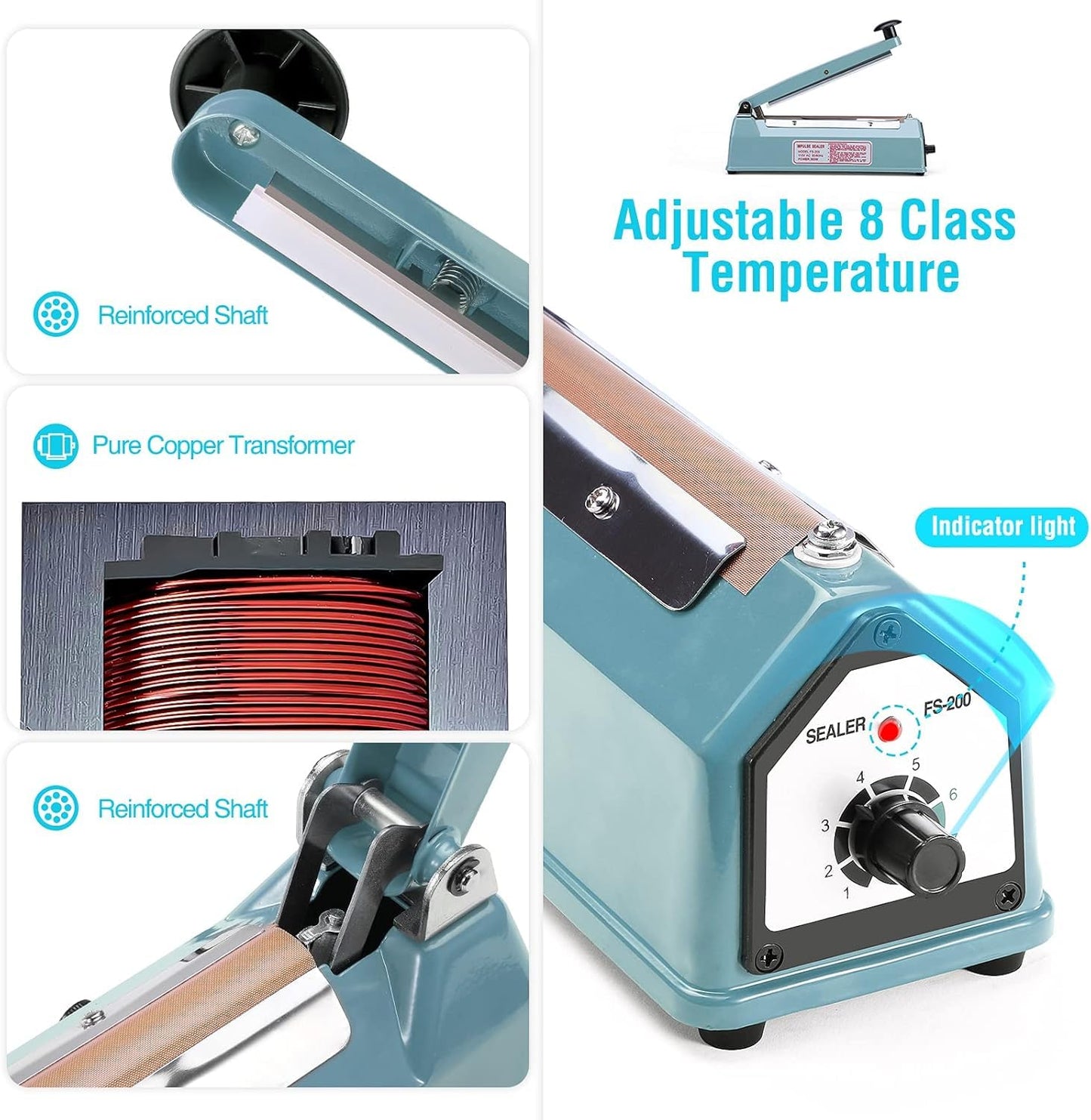 METRONIC Impulse Sealer 8 inch, Manual Heat Sealer Machine for Plastic Bags, Shrink Wrap Bag Sealers Heavy Duty Sealing Machine With Repair Kit, Blue(Pack of 6)