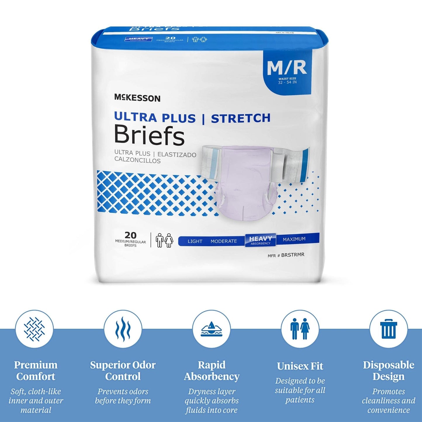 McKesson Ultra Plus Stretch Briefs, [80 Count], M/R, 32-54 in. Incontinence Adult Diapers, Heavy Absorbency, Unisex, Disposable, Elastic Leg Gathers and Contoured Fit for Men and Women