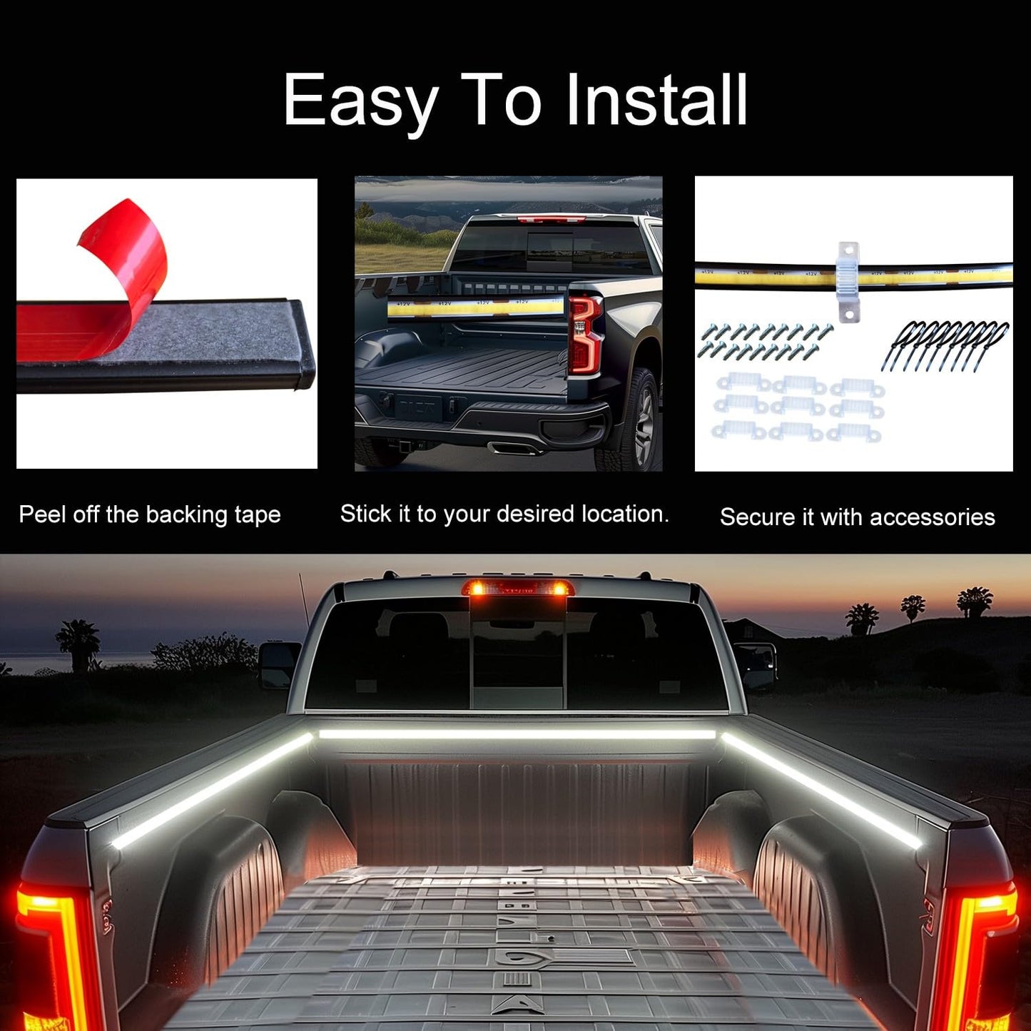 Autuneer Led Truck Bed Lights  3Pcs 60Inch 12V 6500K White Cob Waterproof Lights Strip With Switch cutting edge Fuse Splitter  Cool Accessories For Pickup Truck Camper Van Suv Rv Boat
