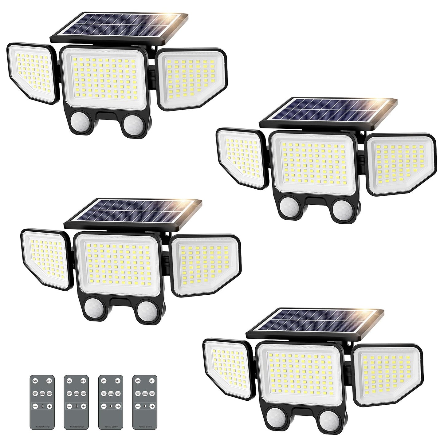Onforu Solar Lights Outdoor, 3000LM Motion Sensor Flood Lights, IP65 Waterproof, Remote Control, Black, Model BDTYE06-3, 4 Pack