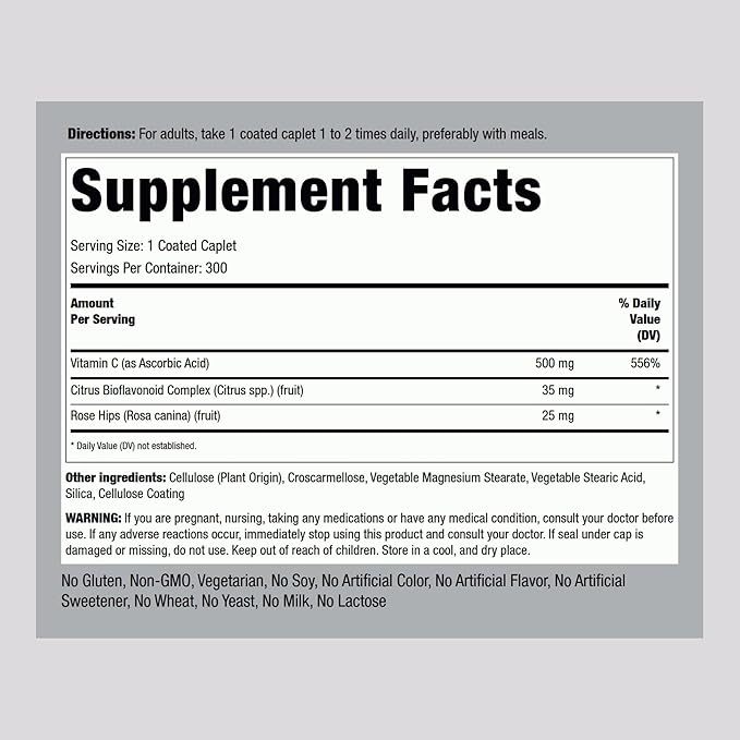 Piping Rock Vitamin C 500 mg with Bioflavonoids & Rose HIPS | 300 Caplets | Vegetarian, Non-GMO, Gluten Free Supplement