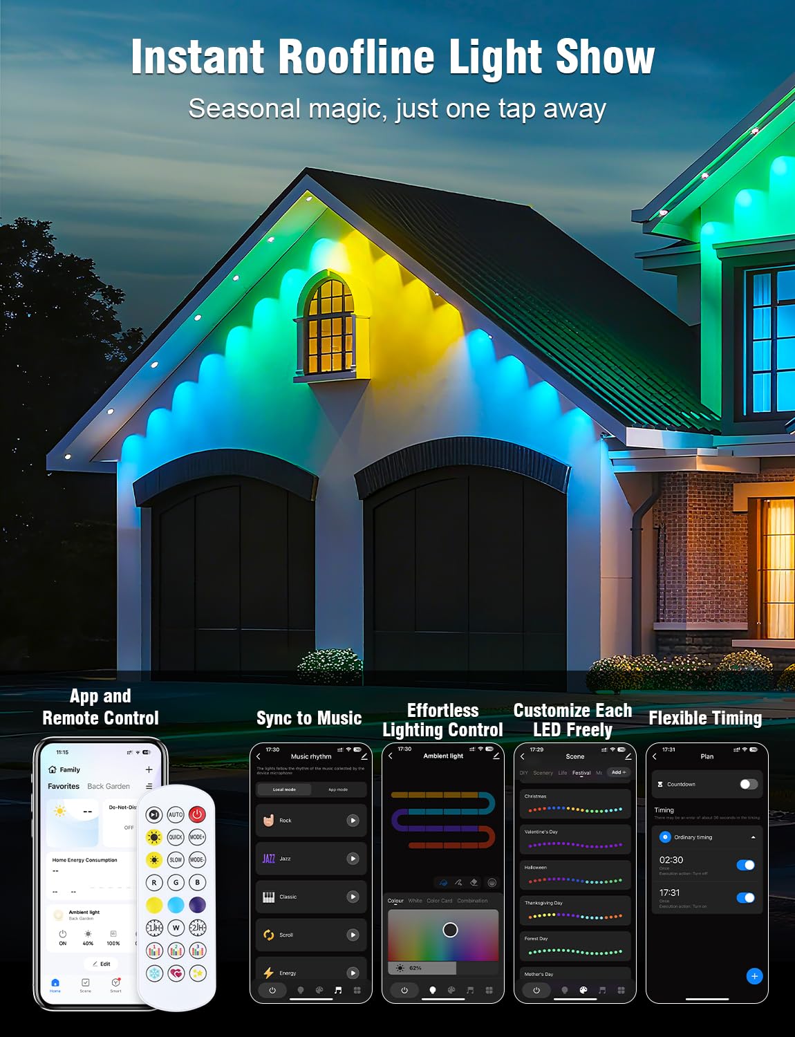 Permanent Outdoor Lights 147Ft With 54 Rgbic Led Smart Led Lights  App/Remote Control Ip68 Waterproof For Holiday Decor  50 Scene Modes  Diy Lights Lighting Timing For Christmas Halloween Party M2