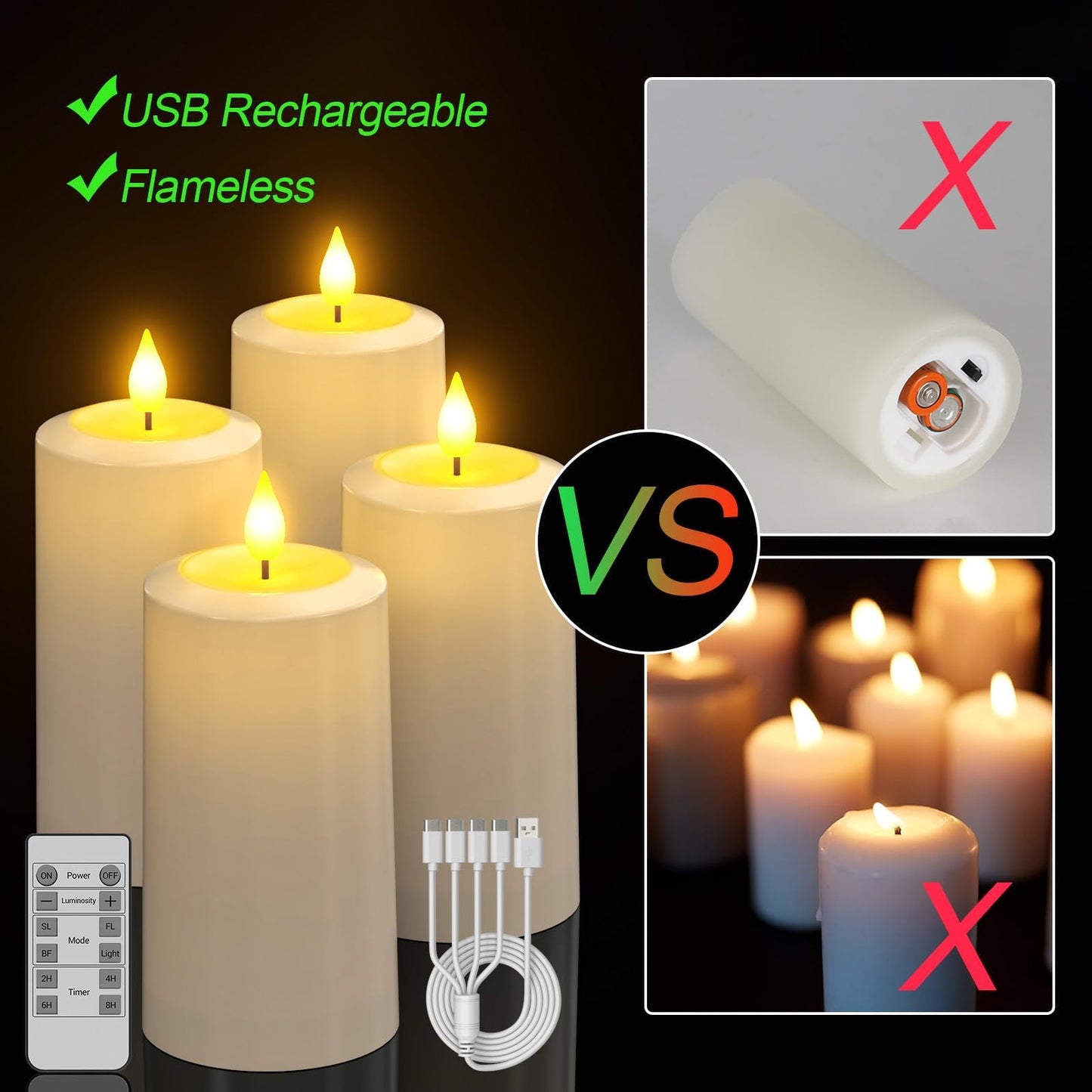 SoulBay Flameless LED Candles, 4-Pack USB Rechargeable, Flickering Waterproof White Pillar Candles with Remote Control Timer for Outdoor Lantern Patio Yard Indoor Holiday Decor, 2.75 x 5.1 Inches