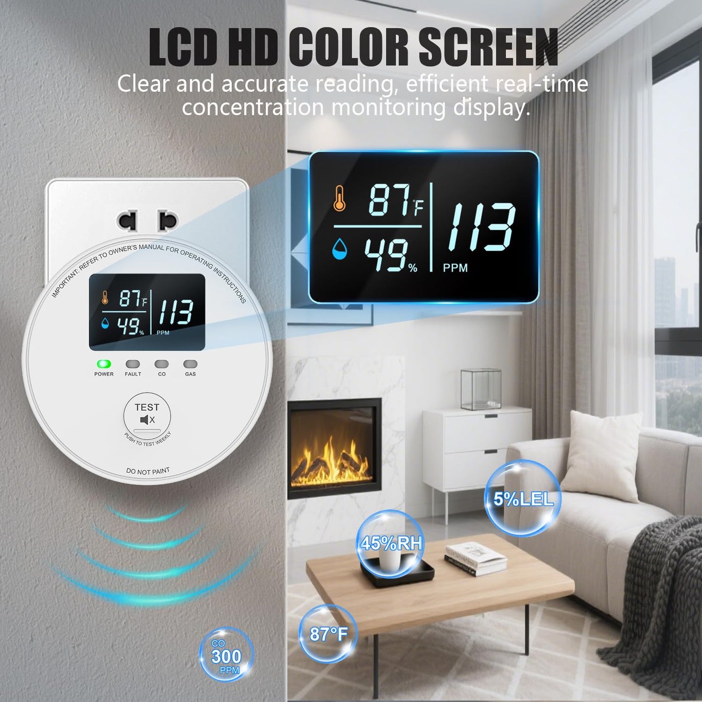 4-in-1 Carbon Monoxide Detectors Plug in, Combination Natural Gas Detector & Carbon Monoxide Detector with HD Digital Display, Monitors CO, Gas, Temp, Humidity - Home Safety for House, RV, Apartment