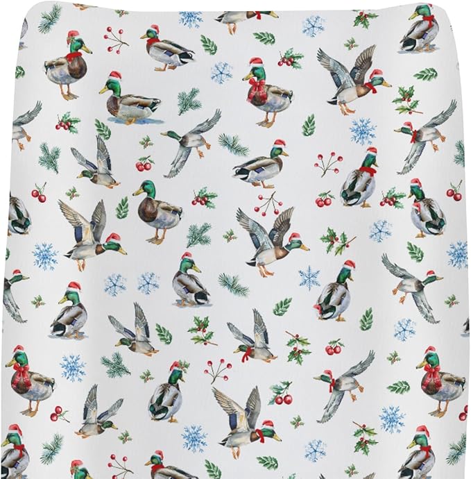 Christmas Mallard Ducks Changing Pad Covers for Baby Girl Boy Wild Ducks Cherry Fir Leaves Fitted Change Table Cover Mats Winter Hunting Duck Soft Diaper Changing Table Sheets 32''×16''