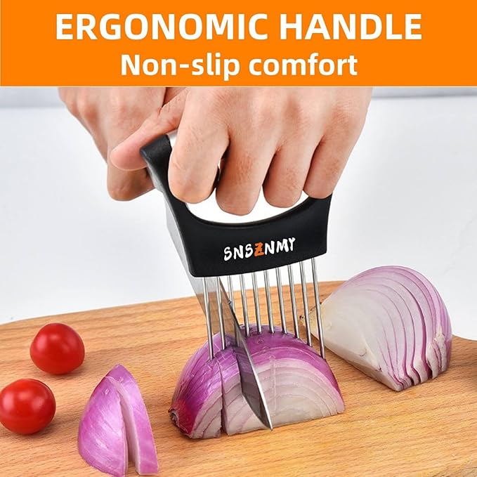 Onion Holder for Slicing, Upgrade Stainless Steel Onion Slice Holder Lemon Slicer Vegetable Cutter, Assistant Tool for Slicing Fruit, Potato, Tomato and Meat (1 Pack)
