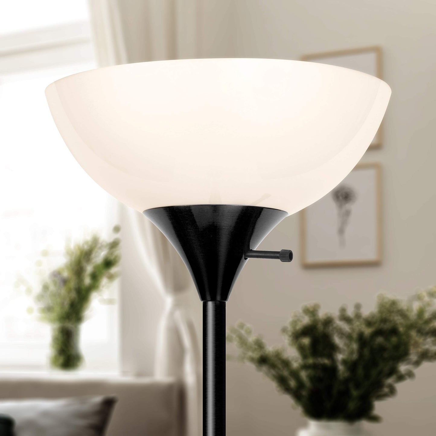 Brightech Sky Dome Dimmable LED Floor Lamp - Tall Torchiere for Living Rooms & Offices - Jet Black - Model FL-DME-BLK