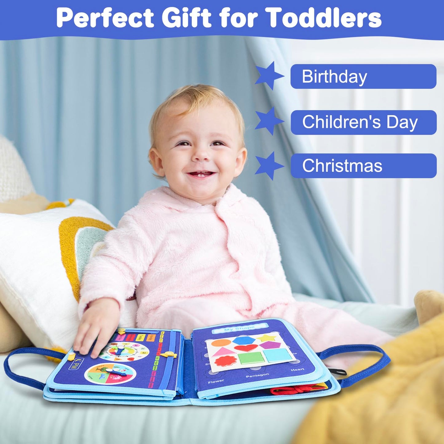 TOYSYM Toddler Busy Board Montessori Toys, Sensory Toys for 1 2 3 4 Year Old Boy, Busy Book Travel Educational Activities for Learning Fine Motor Skills Birthday Gifts (Blue Dinosaur/P10)