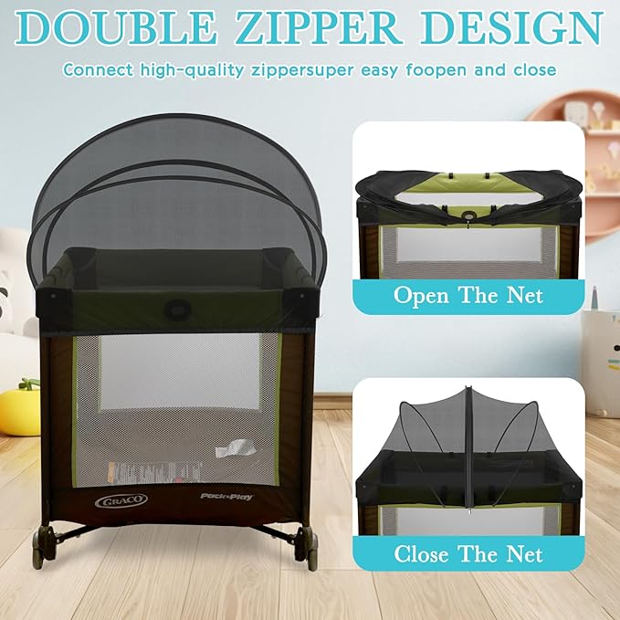 Pack N Play Tent Cover - Bassinet Cover for Pack N Play/Travel Crib/Mini Crib/Playpen, Bassinet Mosquito Net Cover with Two-Way Zippers (Black-Large)