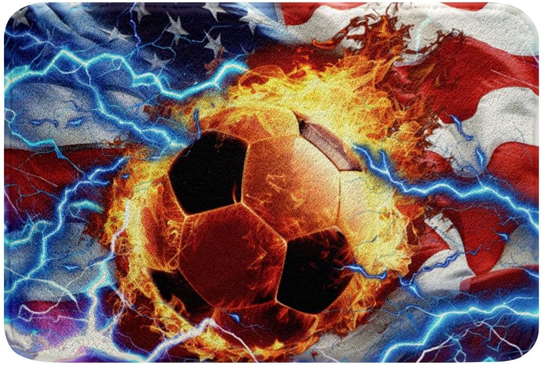 Feelyou 3D Soccer Ball Non Slip Bath Mat Ball Games Sports Polyester Bath Rug for Kids Boys Girls Retro USA Flag Soft Fleece Door Carpet American Flag Bathroom Floor Indoor Doormat,20x32 Inch