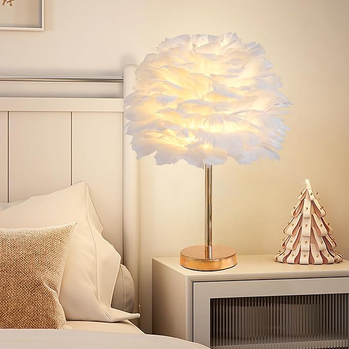 ZYLEIESENBAO Chic White Feather Lamp Creative Feather Bedside Lamp Cute Furry Nightstand Light Gold Stand Fluffy Table Lamp Atmosphere for Girl Bedroom Living Room Entry Hotel Wedding Gift