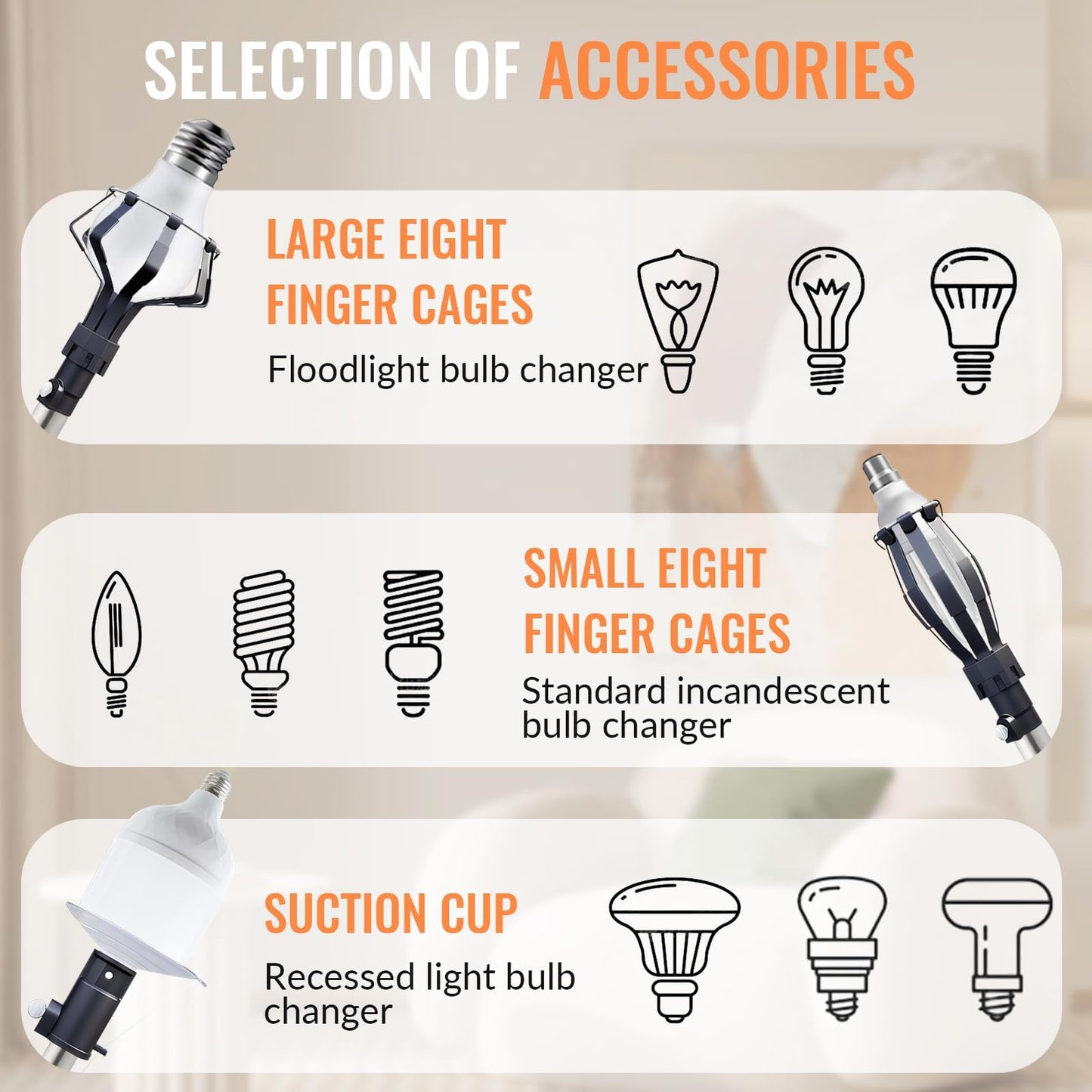 PMMJ Light Bulb Changer for High Ceilings with 26FT Reach, Telescopic Extension Pole for High Ceilings and Recessed Lights (5-20FT) with Baskets, Suction Cup and Duster