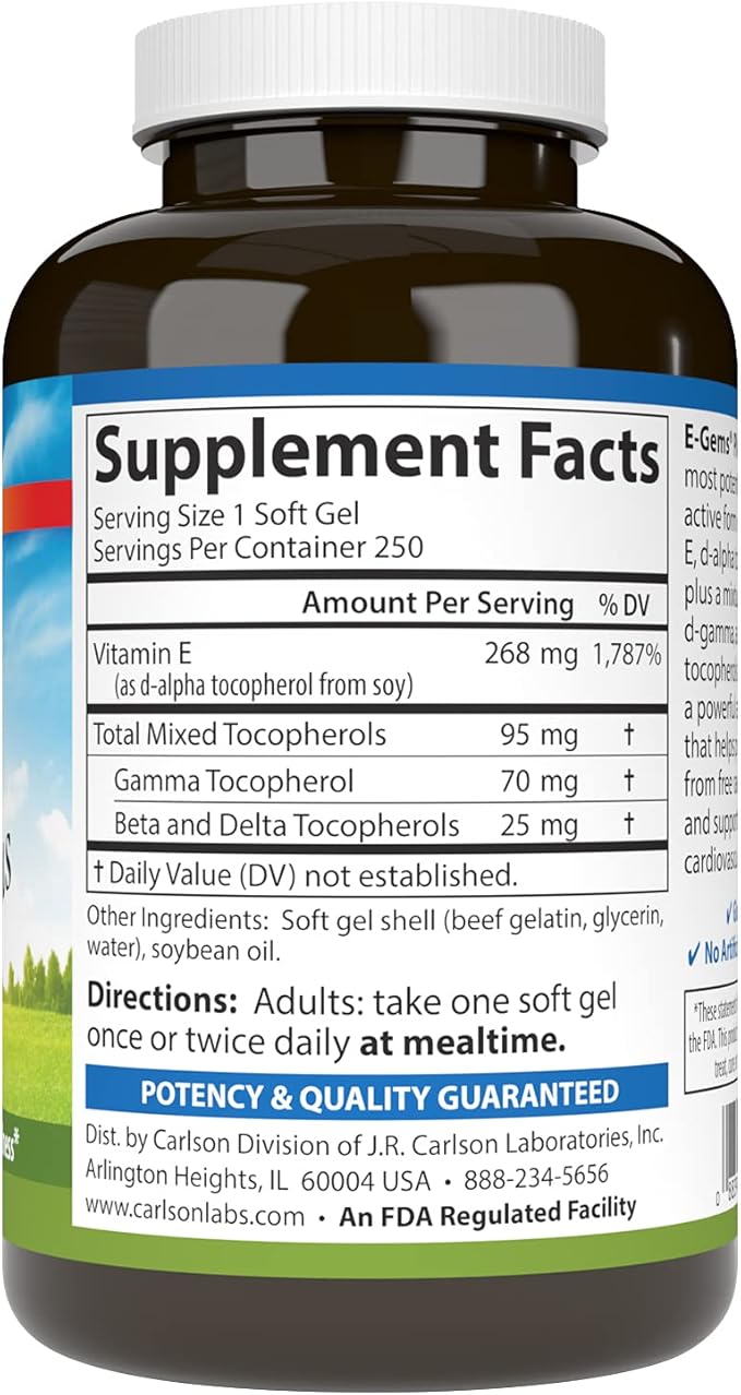 Carlson - E-Gems Plus, Natural Vitamin E 400 IU, Supports a Healthy Heart, 250 soft gels