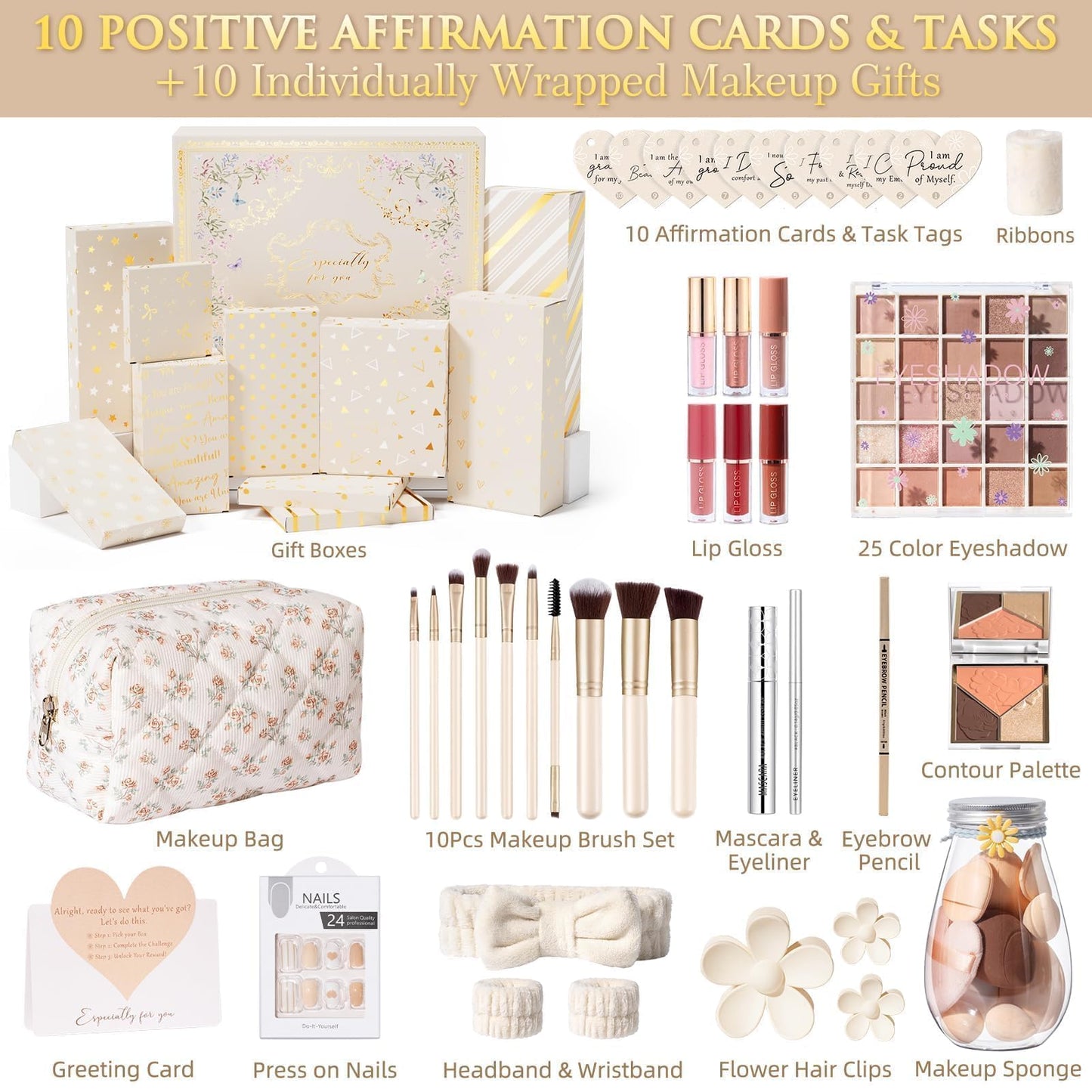 Teen Girl Gifts Trendy Stuff, 10 Positive Affirmation Cards & Empowering Challenges to Unlock 10 Wrapped Makeup Gift Set Motivational Birthday Valentines Day Gift Basket for Tween & Teenage Girls