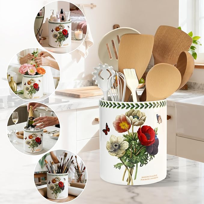 ACMLIFE Extra Large Cooking Utensil Holder, 7.3" Kitchen Utensil Holder for Countertop, Utensil Crock for Farmhouse Kitchen Decor, Ceramic Stable Utensil Caddy, Floral (Beauty)