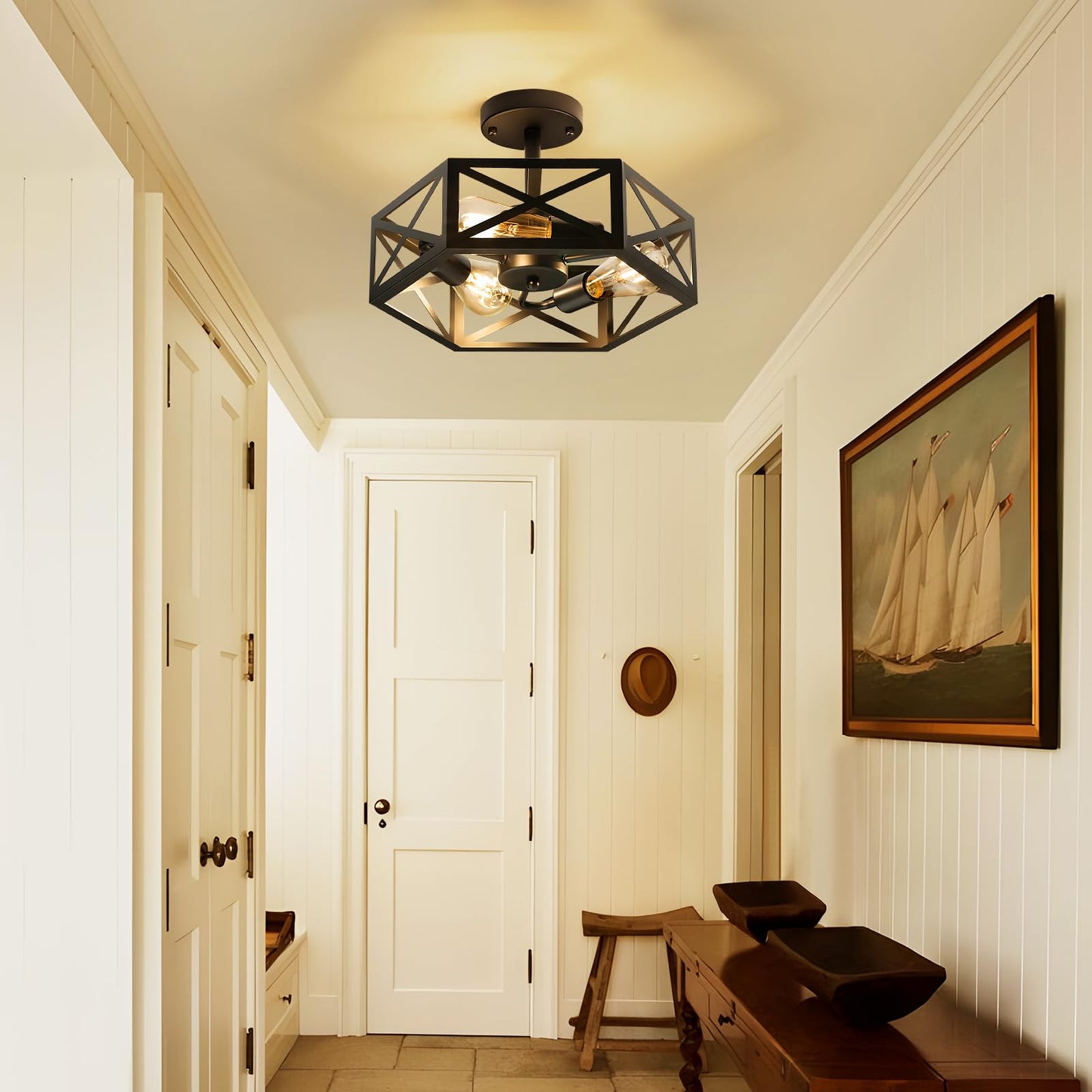 Oteedo Modern Semi Flush Mount Ceiling Light 3-Light Hexagon Flush Mount Ceiling Lights For Dining Room Light Fixture Farmhouse Black Metal Kitchen Island Lighting Fixtures For Hallway Bathroom