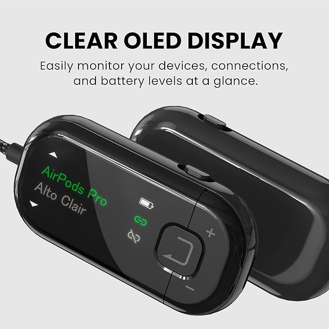 Avantree Voyager – OLED Display & Latest Auracast Bluetooth 5.4 Adapter for Airplane, Qualcomm Chip & aptX Adaptive, Wireless Audio Transmitter for Headphones, AirPods, Travel & Flight