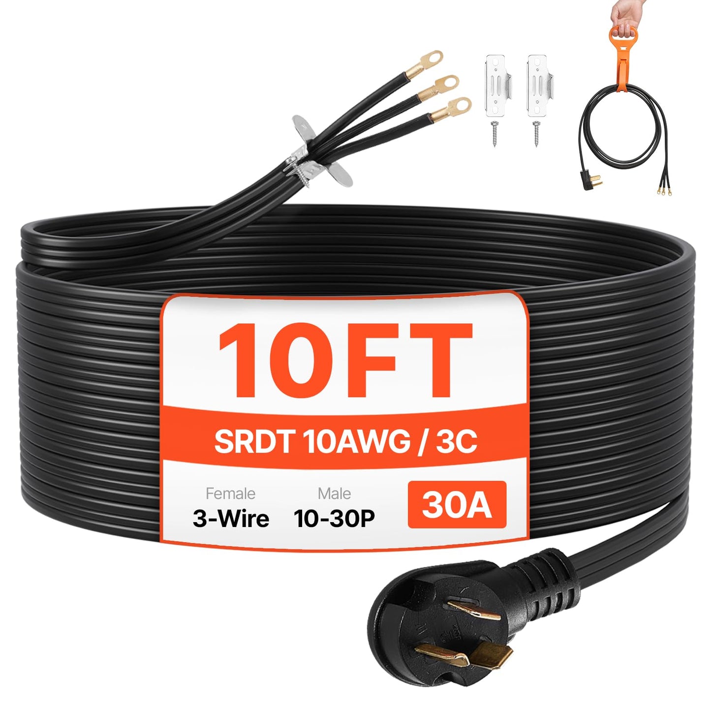 Vevor 10 Ft Dryer Power Cord, 3-Prong Nema 10-30P Appliance Dryer Cord With Eyelet Connectors, 125V/250V, Sdrt 10Awg/3C, 30A, Pu
