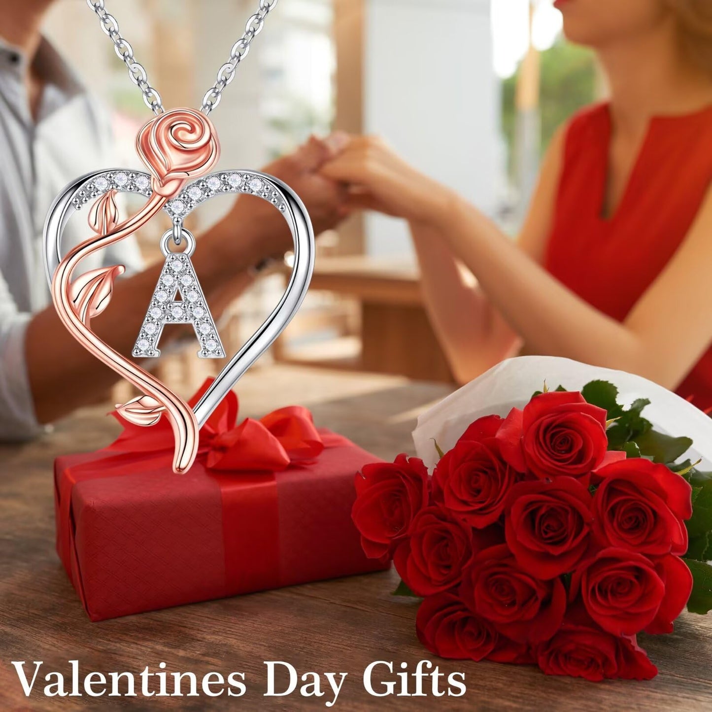 Iefil Birthday Gifts for Women Girlfriend, 925 Sterling Silver Unique Rose Love Heart Initial V Letter Pendant Necklace Mothers